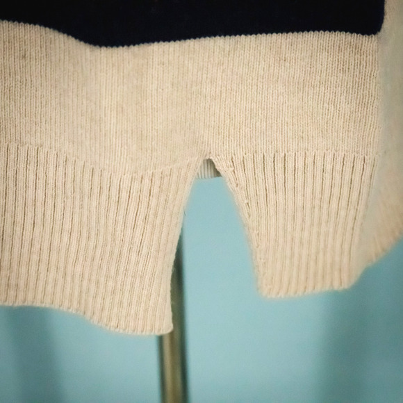 Sail To Sable Size large L Tan Blue Stripe Nautical Print Wool Cashmere Sweater - Picture 2 of 6